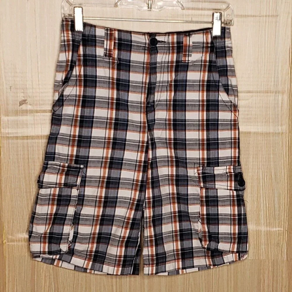 Old Navy Boys Orange Blue Plaid Cargo Shorts 12